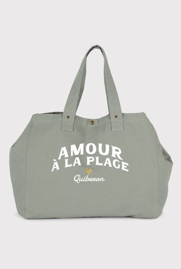 Grand cabas vert sage Amour à la plage - Personnalisable