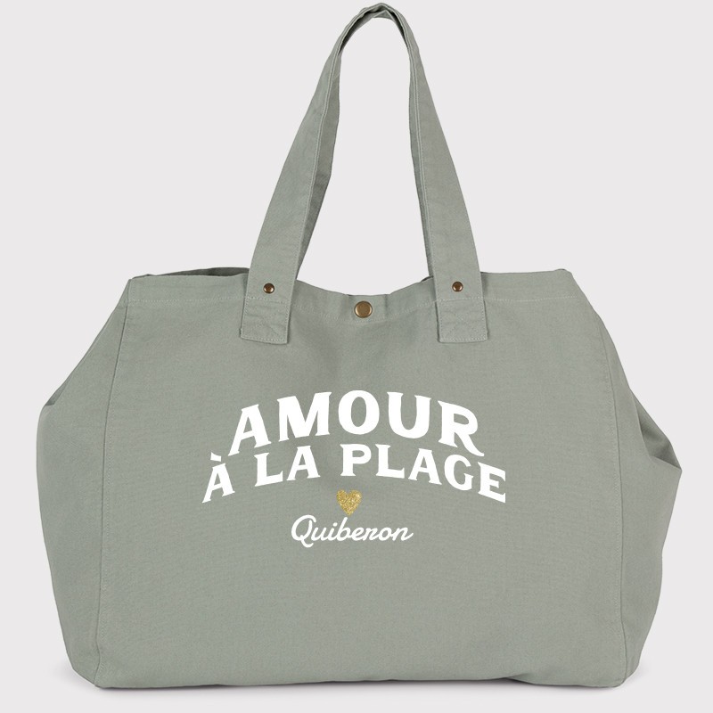 Grand cabas vert sage Amour à la plage - Personnalisable