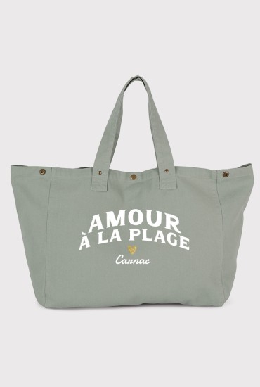 Grand cabas vert sage Amour à la plage - Personnalisable