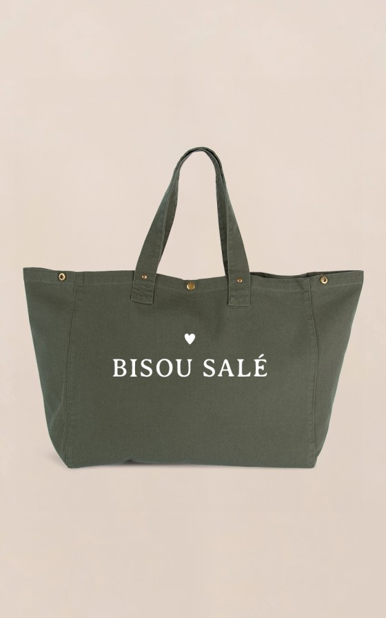 Grand cabas vert bouteille Coeur - Personnalisable