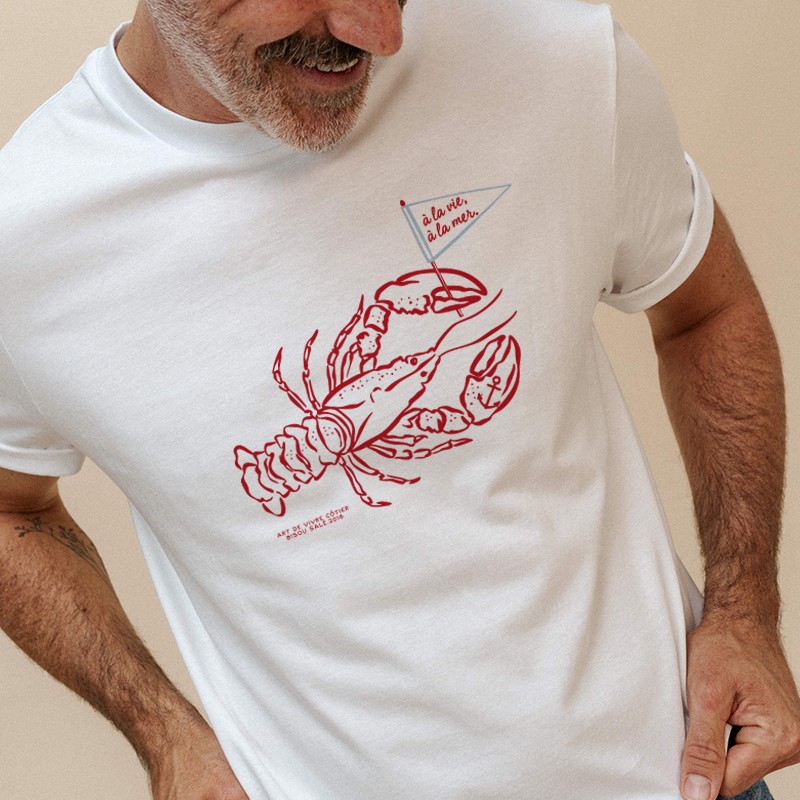 T-shirt Vintage Homme XL – Bleu, Homard Brodé, Manches Courtes, Look 90s