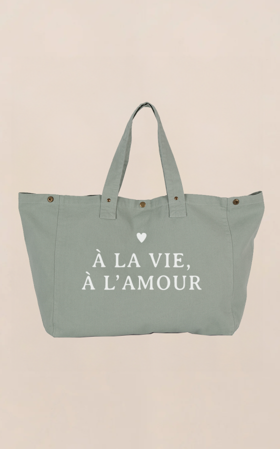 Grand cabas vert sage Coeur - Personnalisable