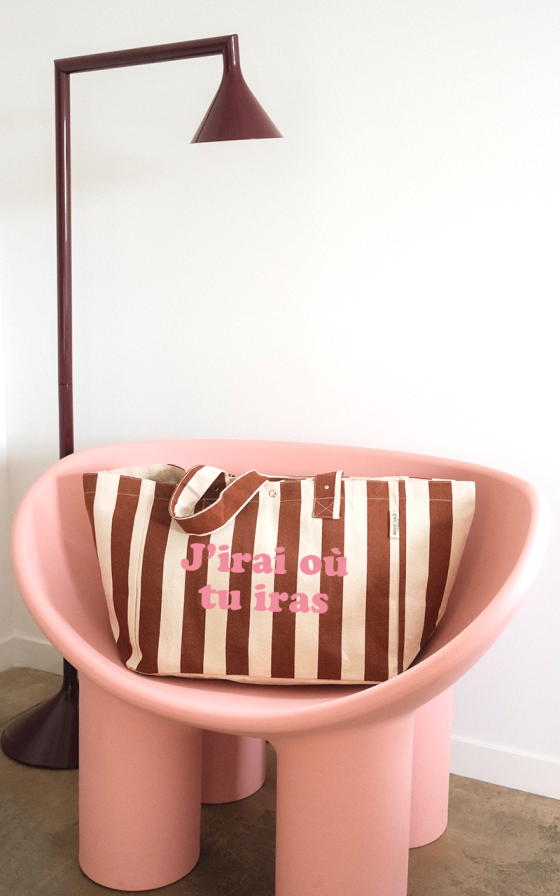 Grand cabas rayé Chocolat Texte - Personnalisable