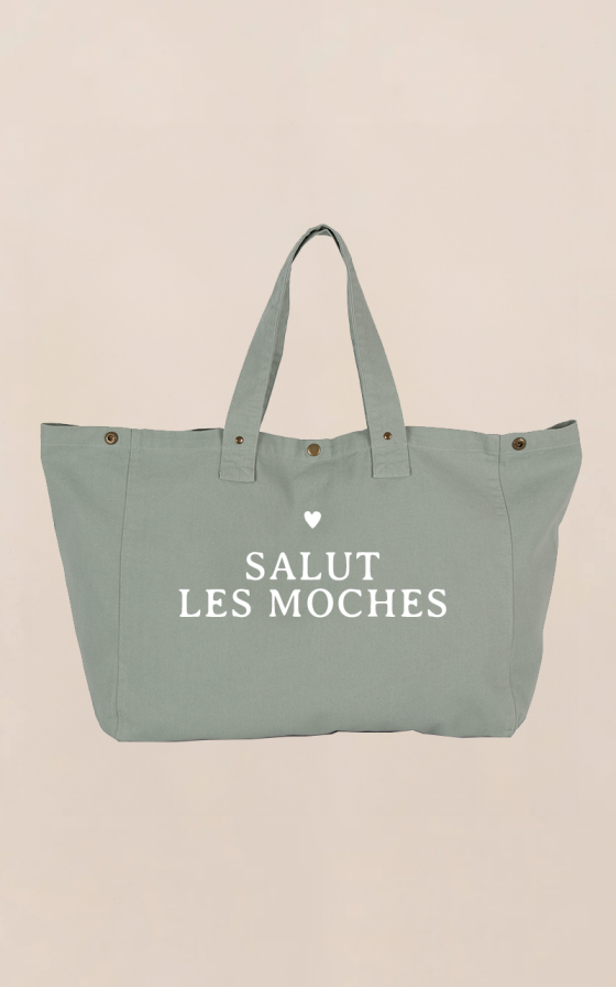 Grand cabas vert sage Coeur - Personnalisable